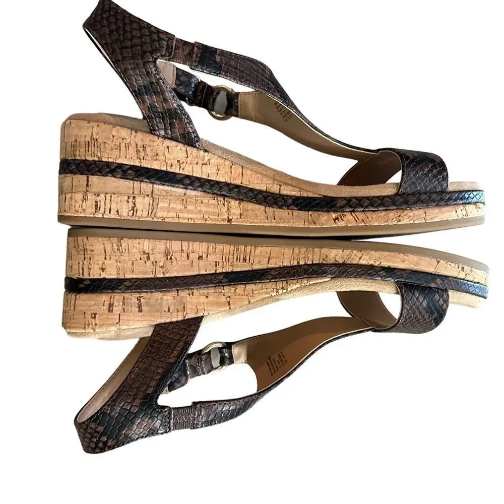 Gianni Bernini Terril Wedge Sandals Women 10M Brown Snakeskin Strappy Cork Heels